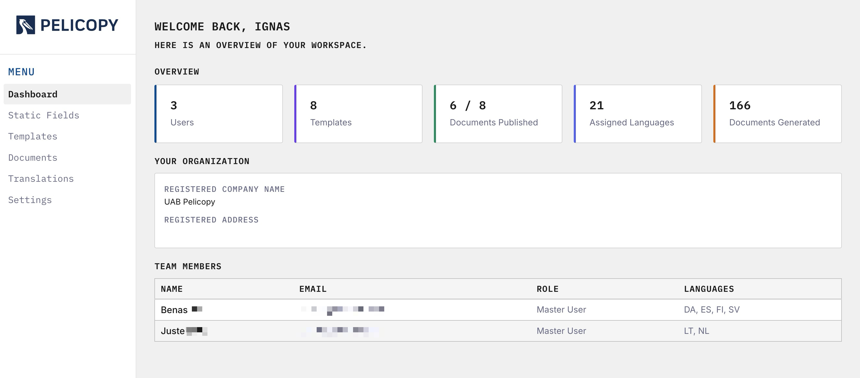 Dashboard home page
