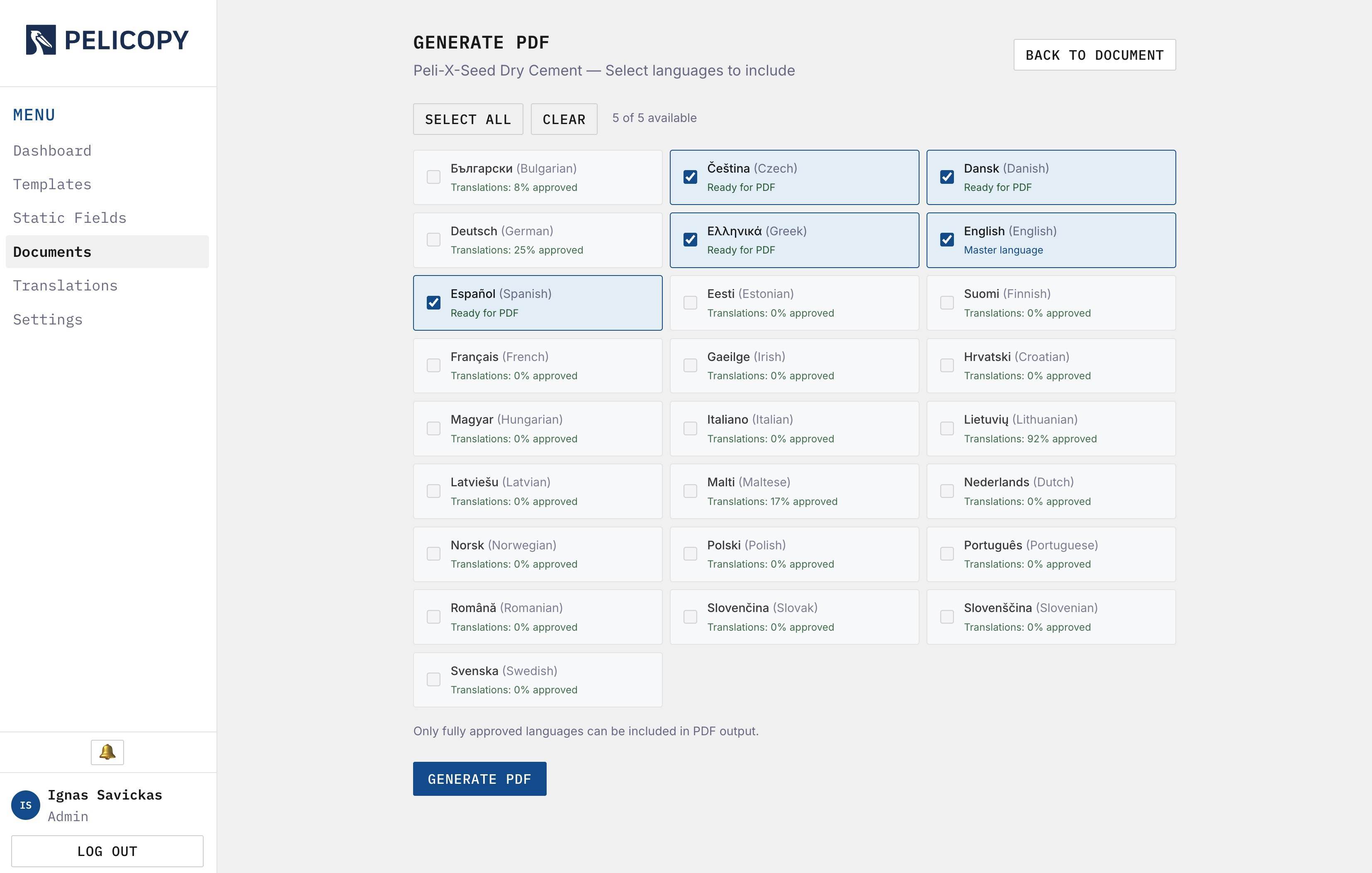 Generate PDF screen with language checkboxes