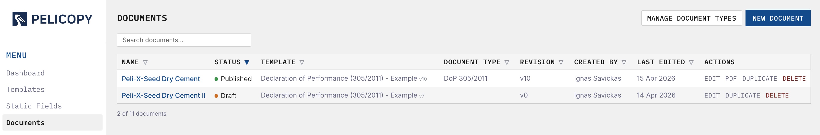 Documents overview page