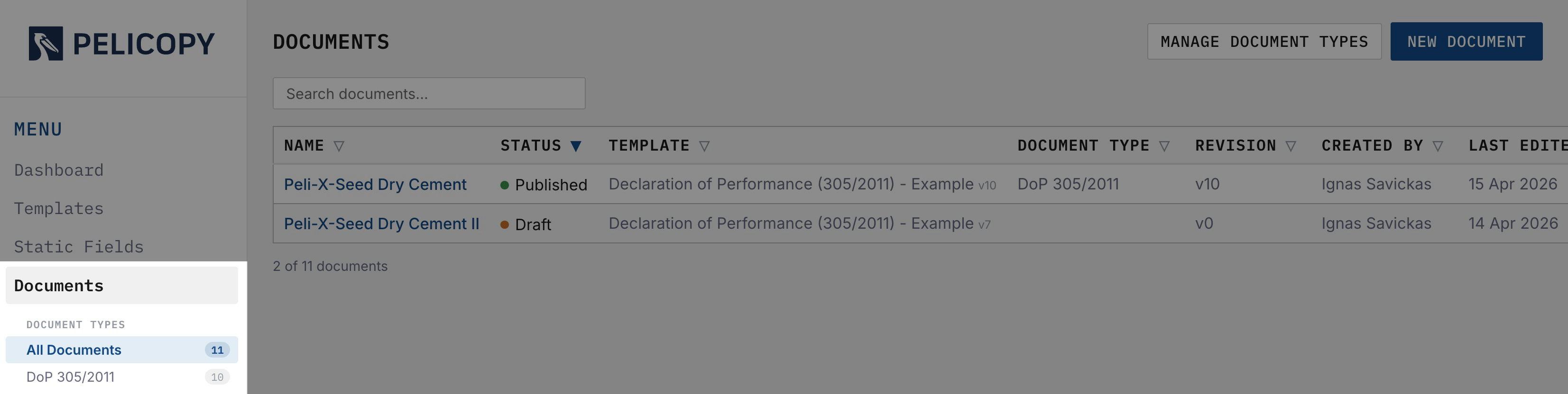 Documents sidebar with types