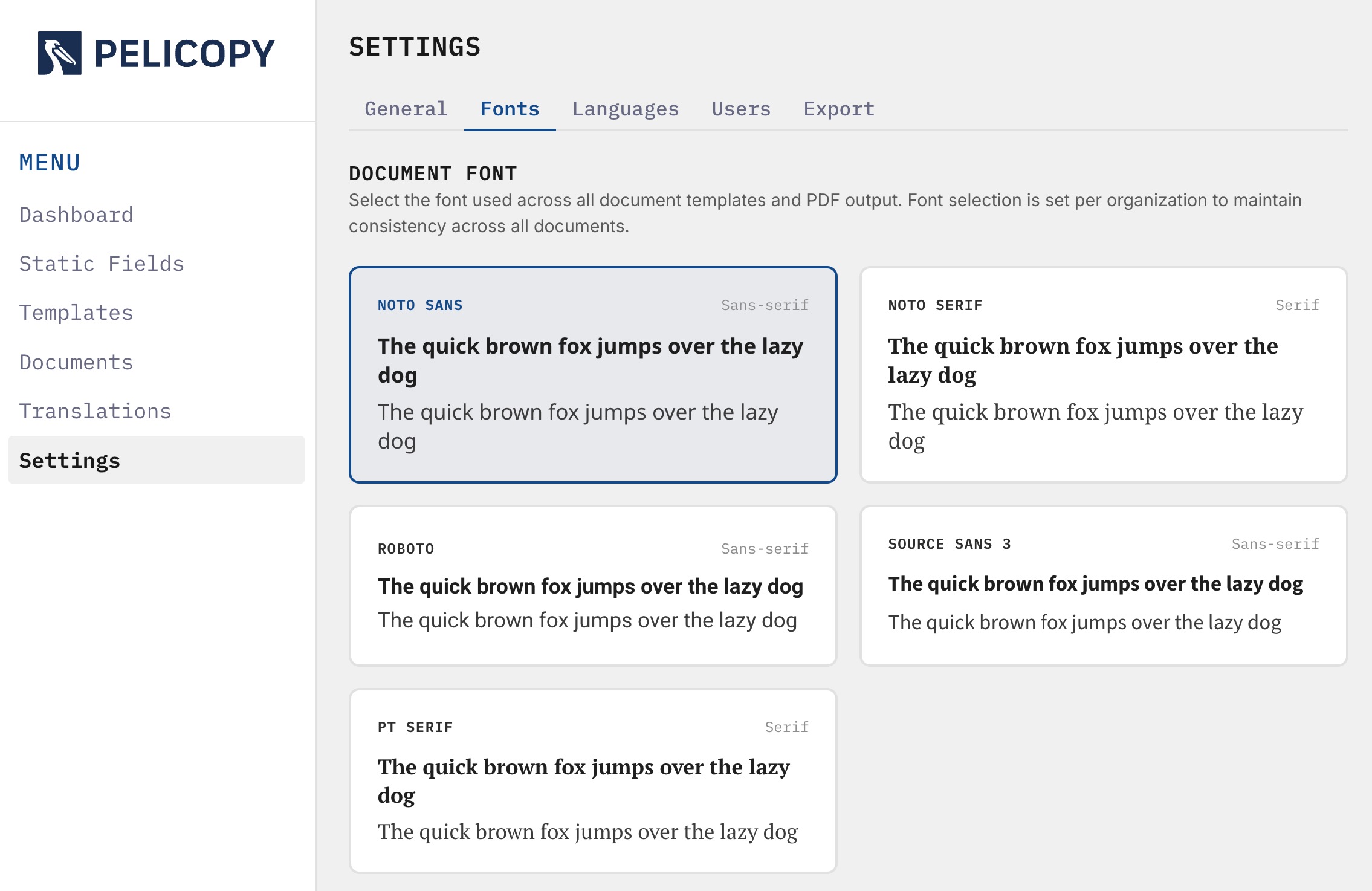 Fonts tab with font cards