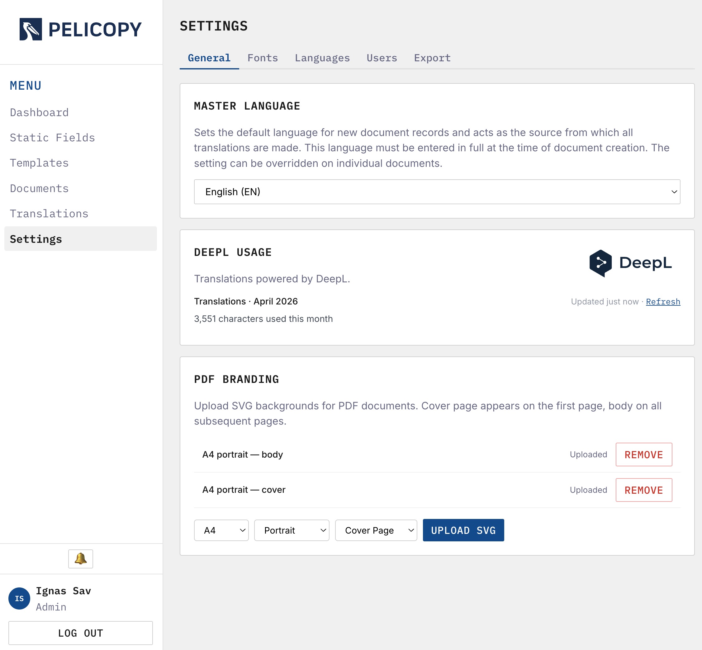 Settings page with tab navigation