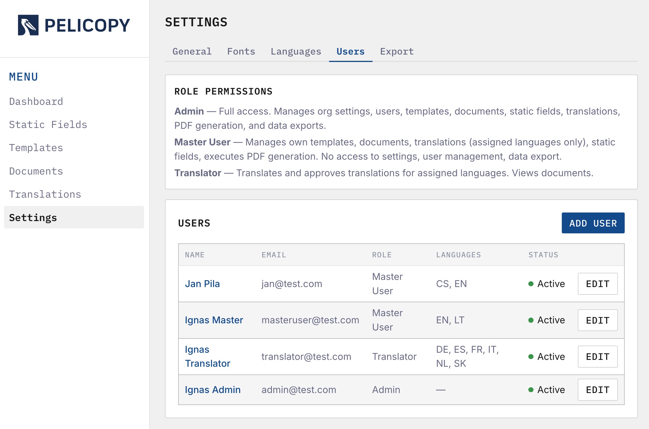 Users tab with user list and Add User button