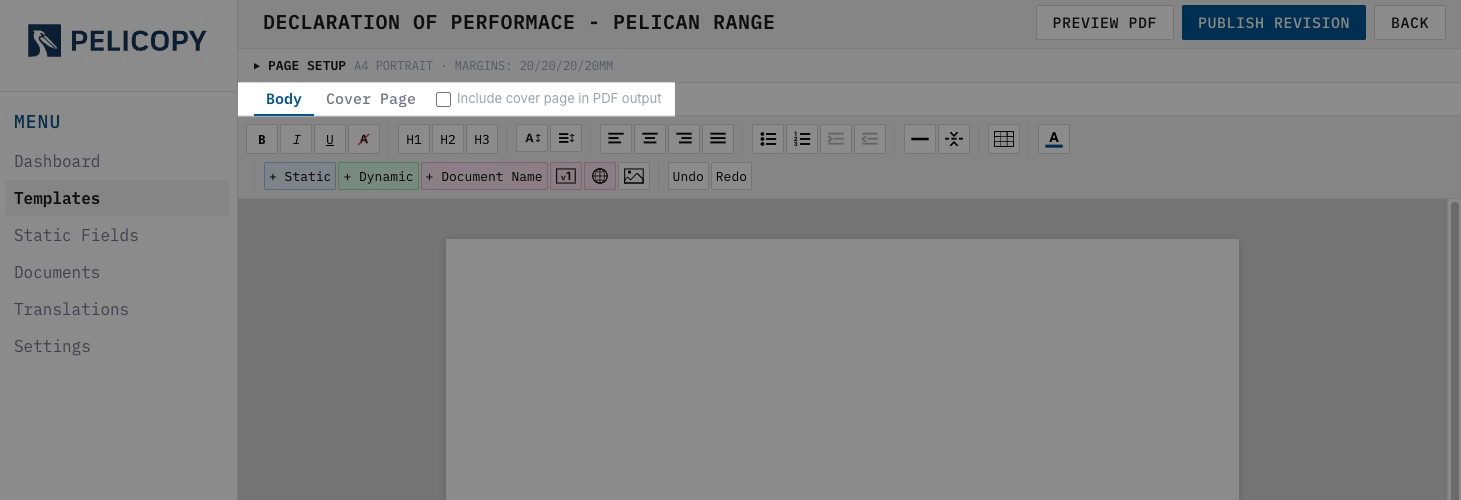 Two tabs, Template and Cover Page, with the include checkbox highlighted
