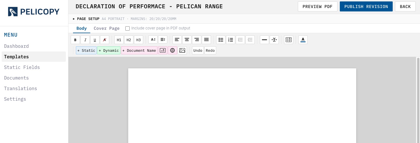 Full template editor view with toolbar and canvas