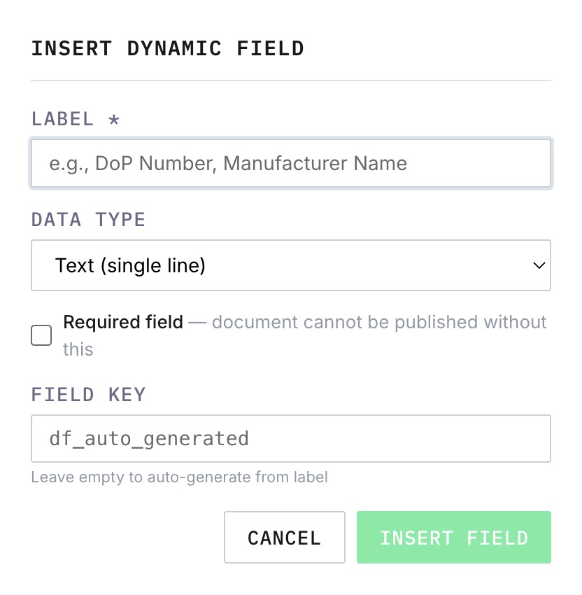 Dynamic field modal with label, data type, and required checkbox