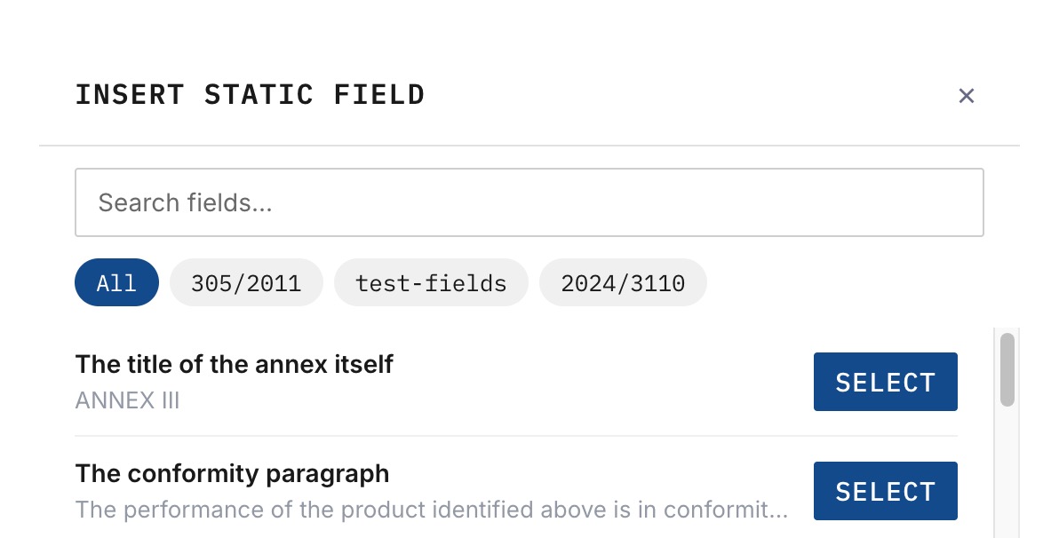 Static field picker modal with search and list
