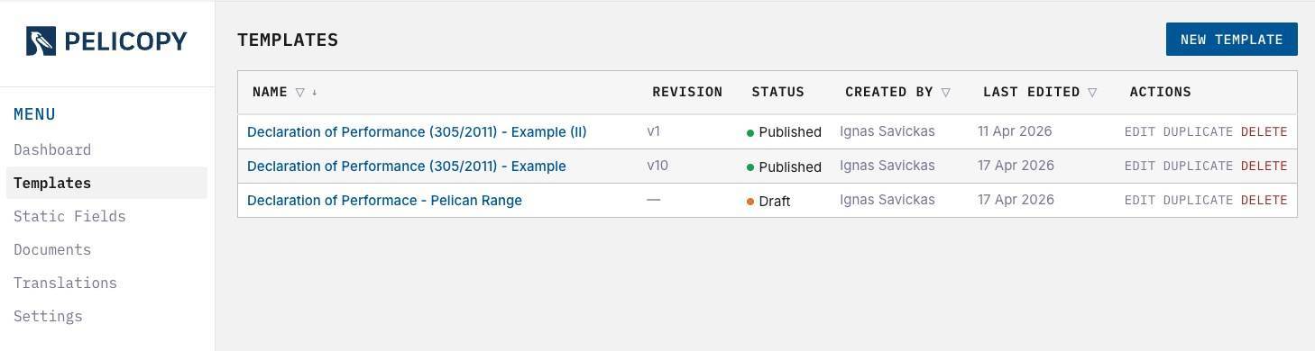 A screenshot showing the template page overview of Pelicopy platform.