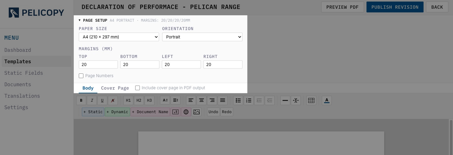 Page Setup panel showing size, orientation, margins, and page number settings