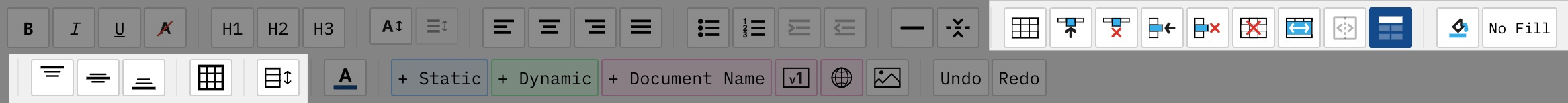 Table toolbar with numbered callouts (1–13) that correspond to the list below