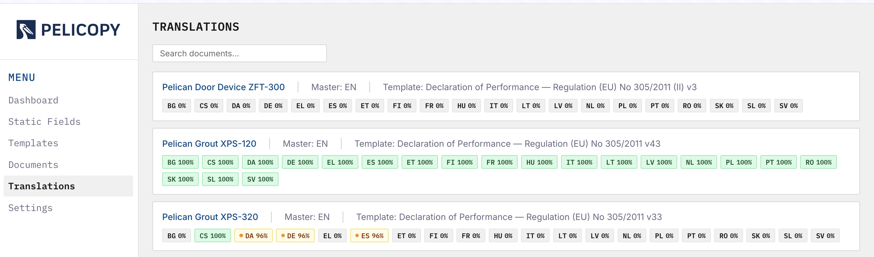 Translations overview page